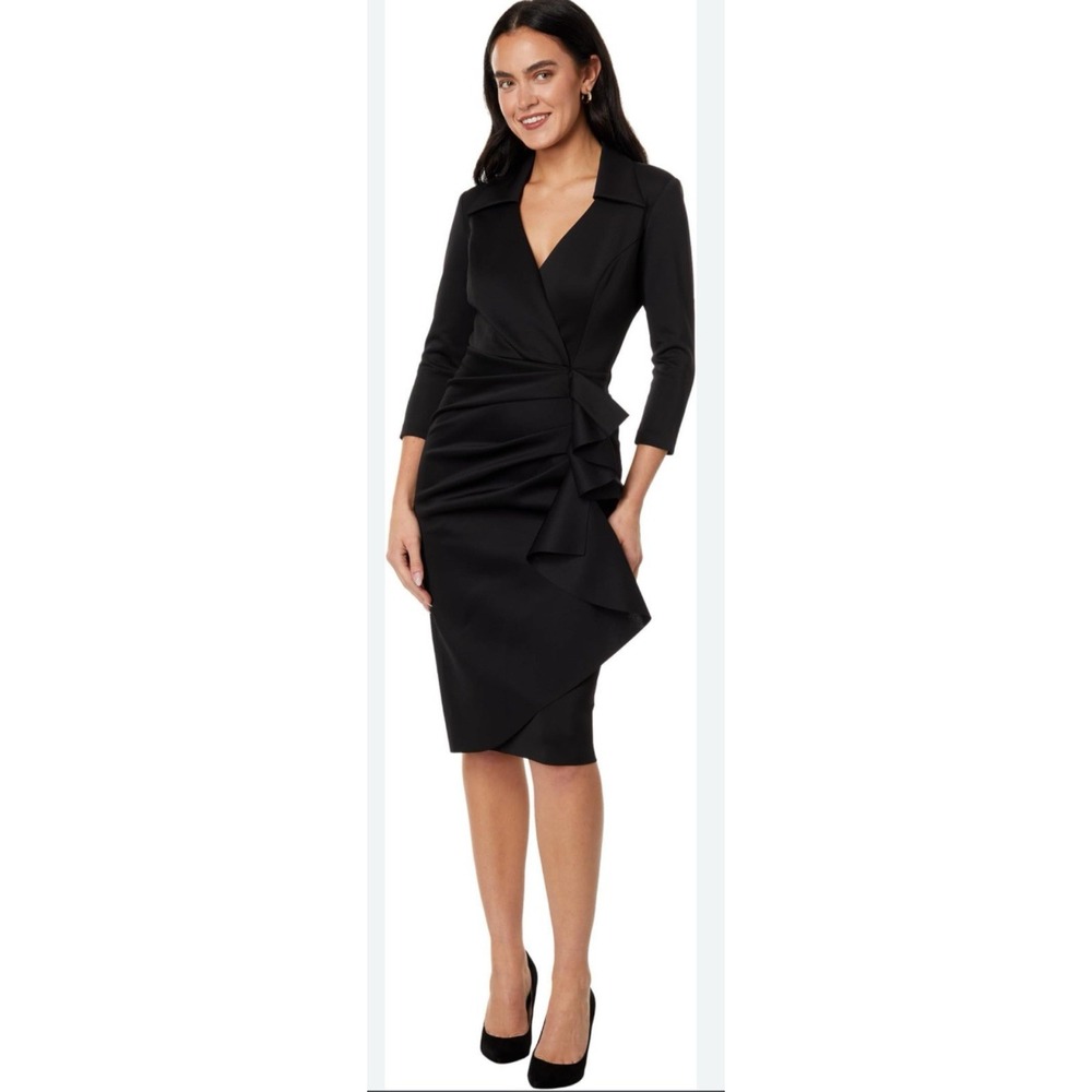 Xscape‎ Xscape Short Scuba Collar Side Ruffle Style 5636X Black Size 16 Cocktail